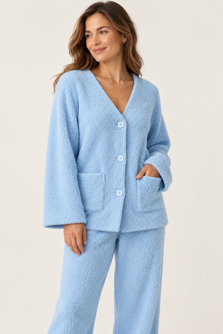 Coral Fleece Pajama Set for Women in Sky Blue, V-Neck