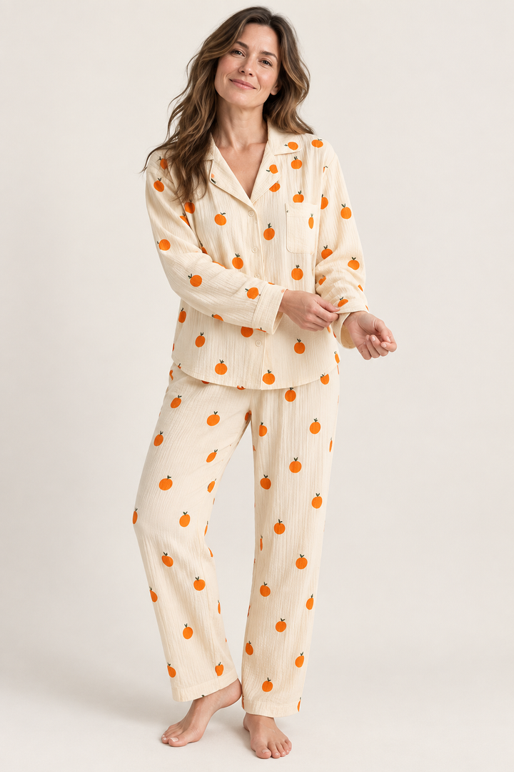 Cotton blend pajama set for women, long sleeve button-down and pants