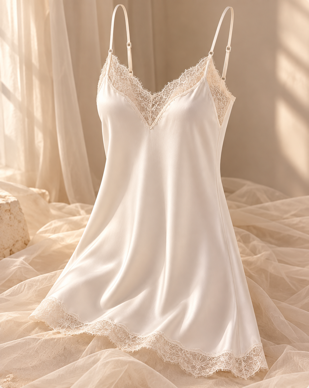 Satin Slip Nightgown for Women, V-Neck with Lace Trim