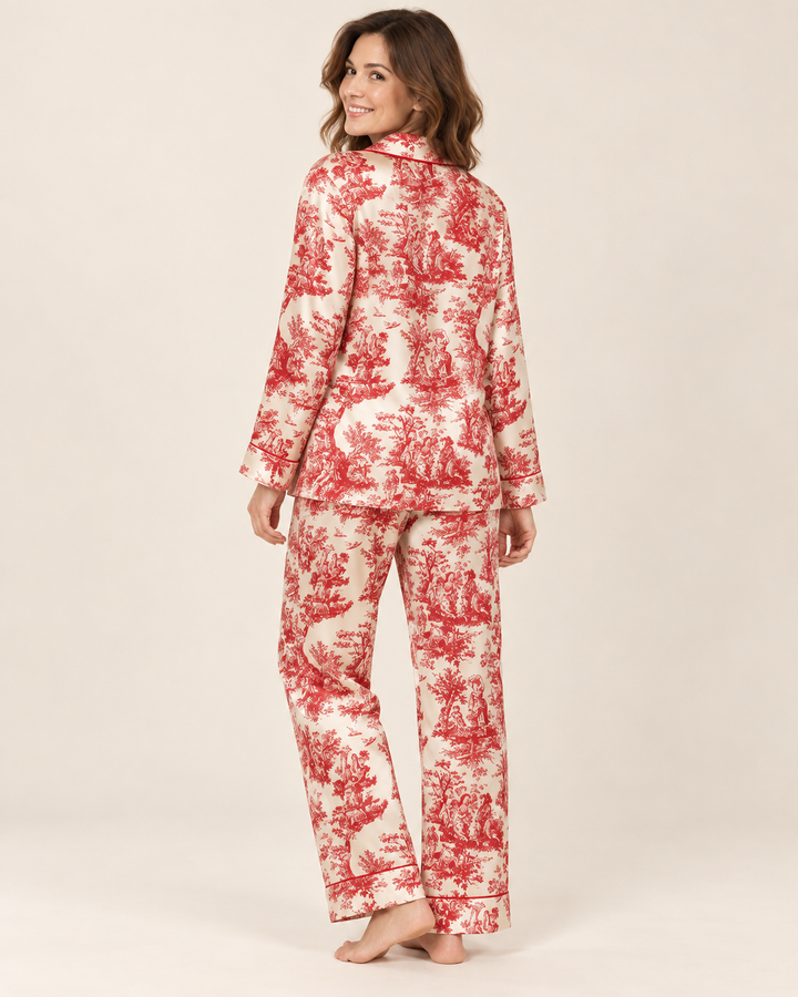 Toile Print Satin Pajama Set for Women, Long Sleeve Button-Up