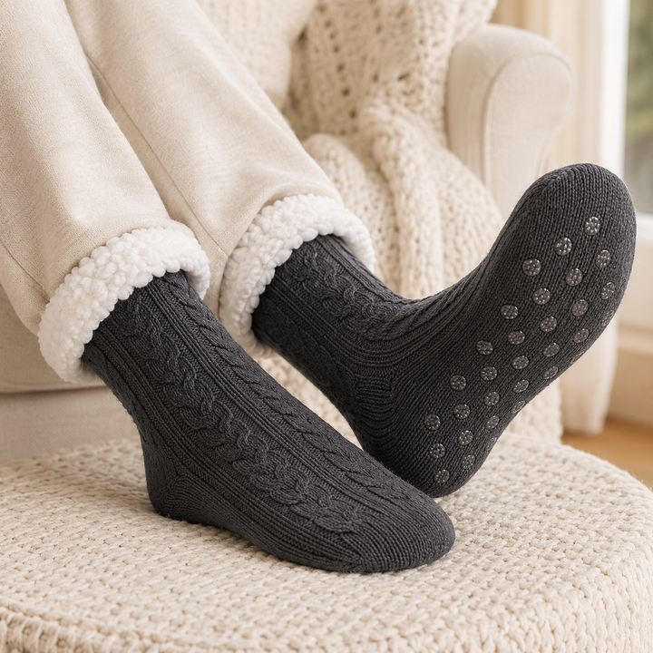 Cable Knit Slipper Socks - Sherpa Cuff, Non Slip