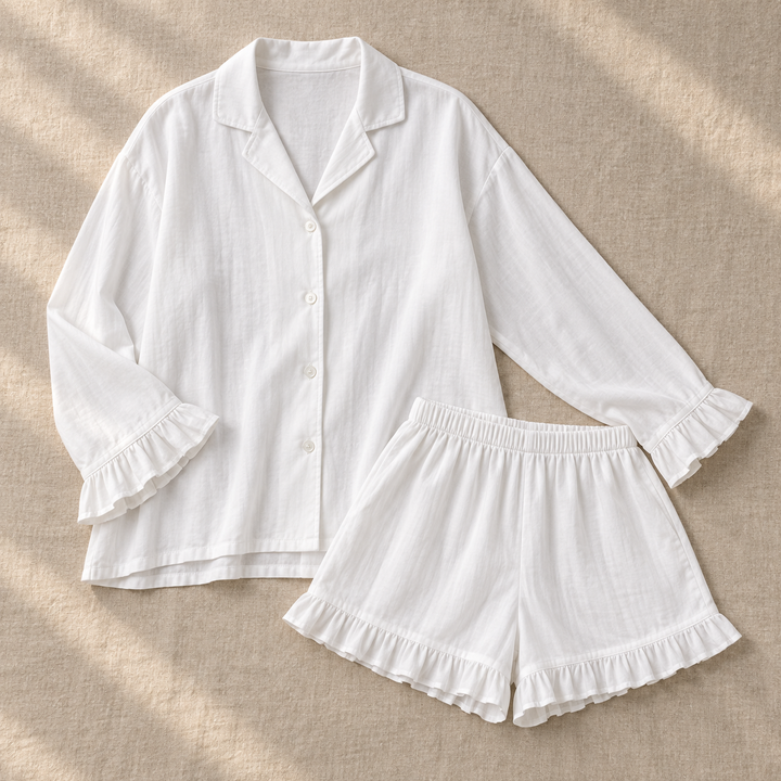 100% Cotton Ruffle Pajama Set for Women, Long Sleeve &amp; Shorts