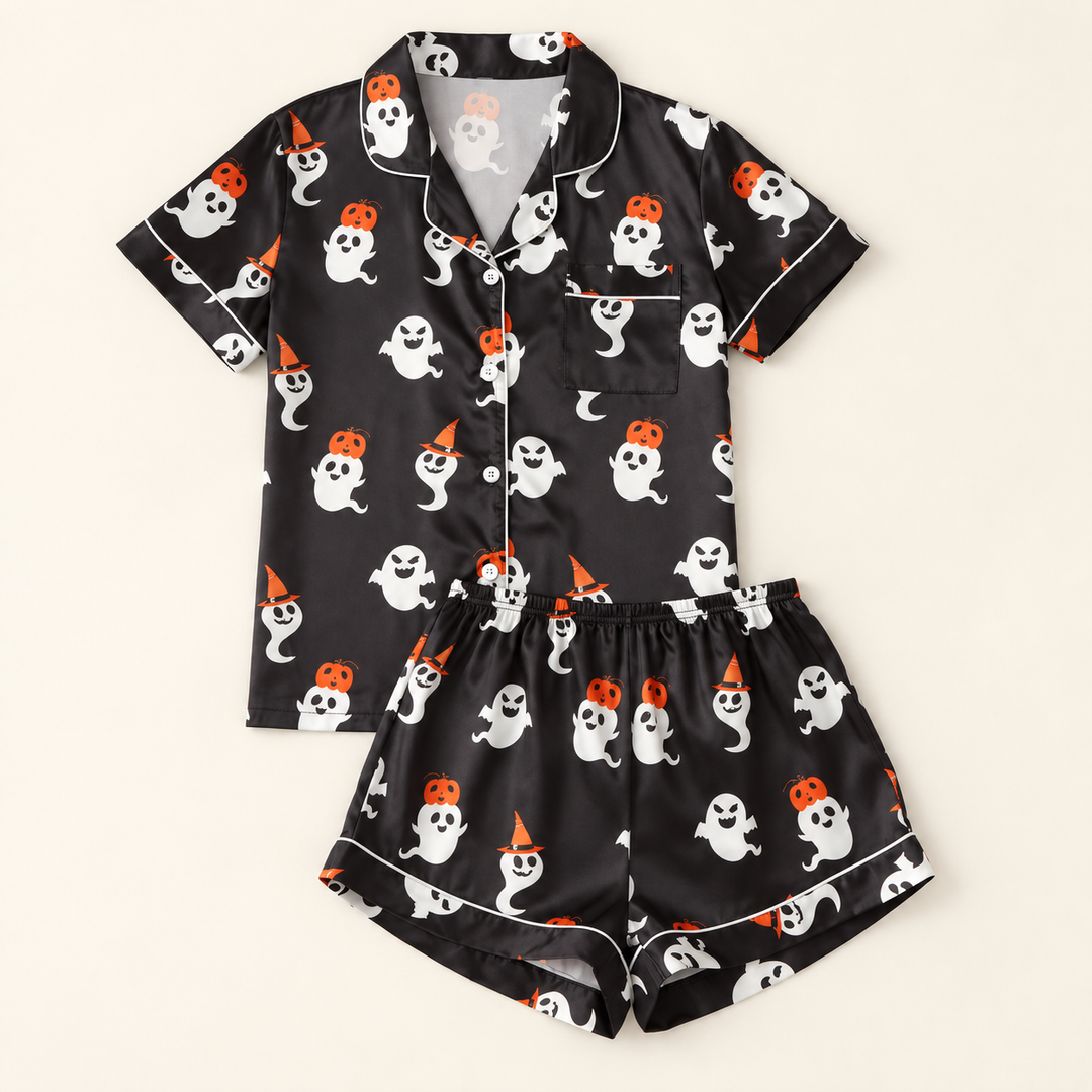 Black Ghost Satin Halloween Pajama Set for Women