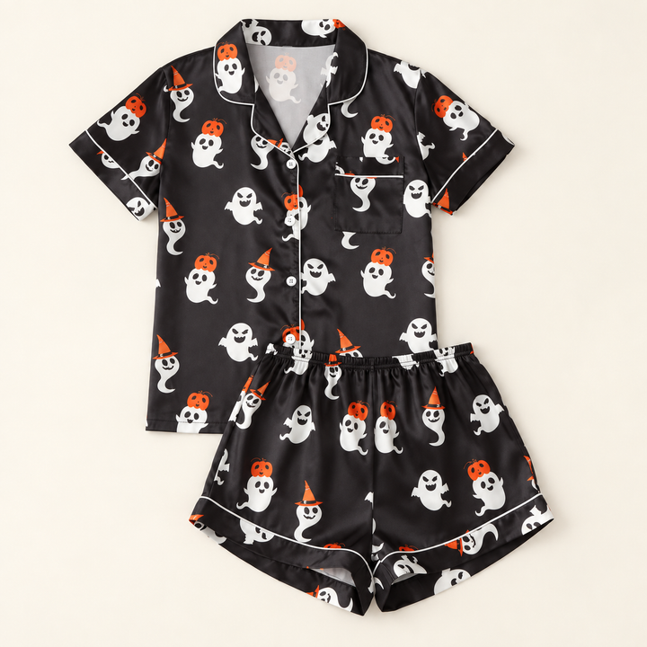 Black Ghost Satin Halloween Pajama Set for Women