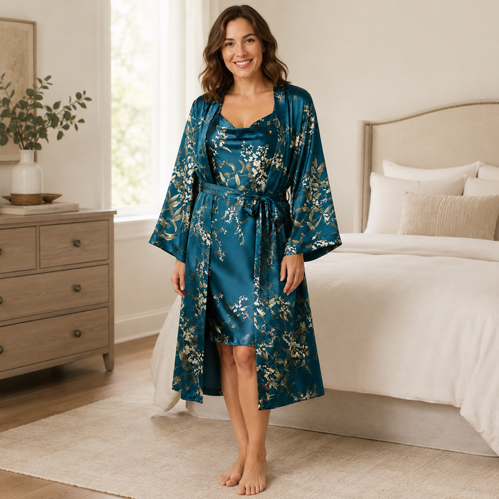 Satin Robe and Short Set - Three Piece