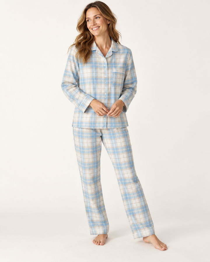 100% Cotton Flannel Pajama Set for Women, Plaid Long Sleeve