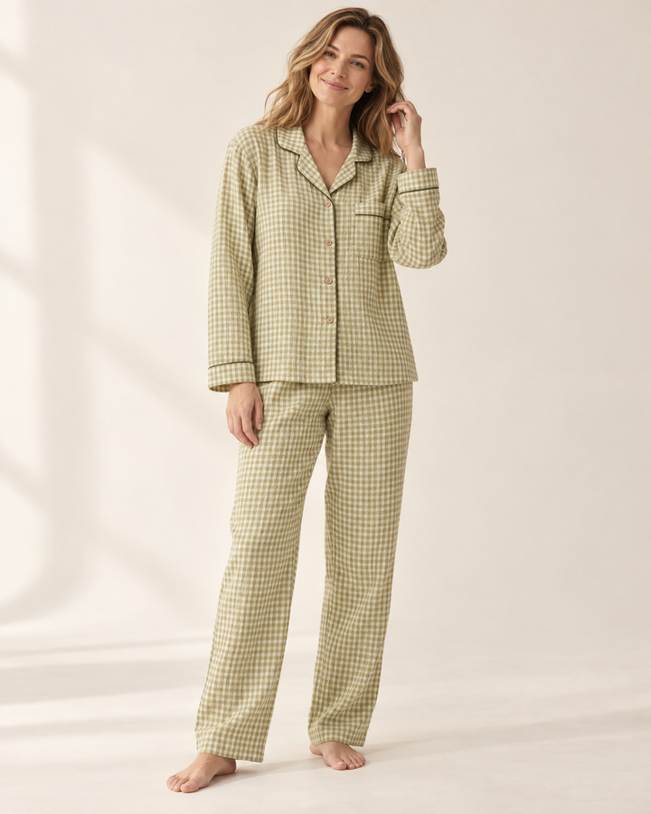 Cotton Gauze Pajama Set for Women, Long Sleeve Button-Up
