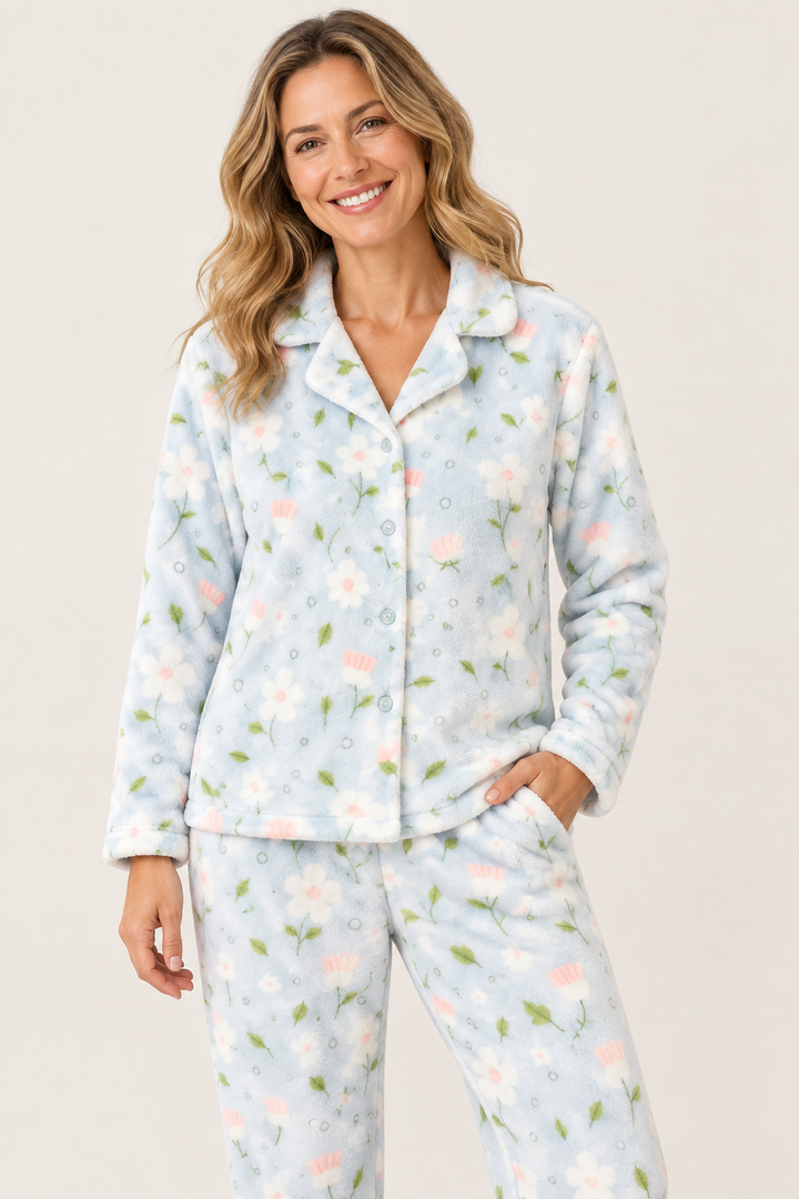 Fuzzy Fleece Cardigan Pajama Set for Women, Floral