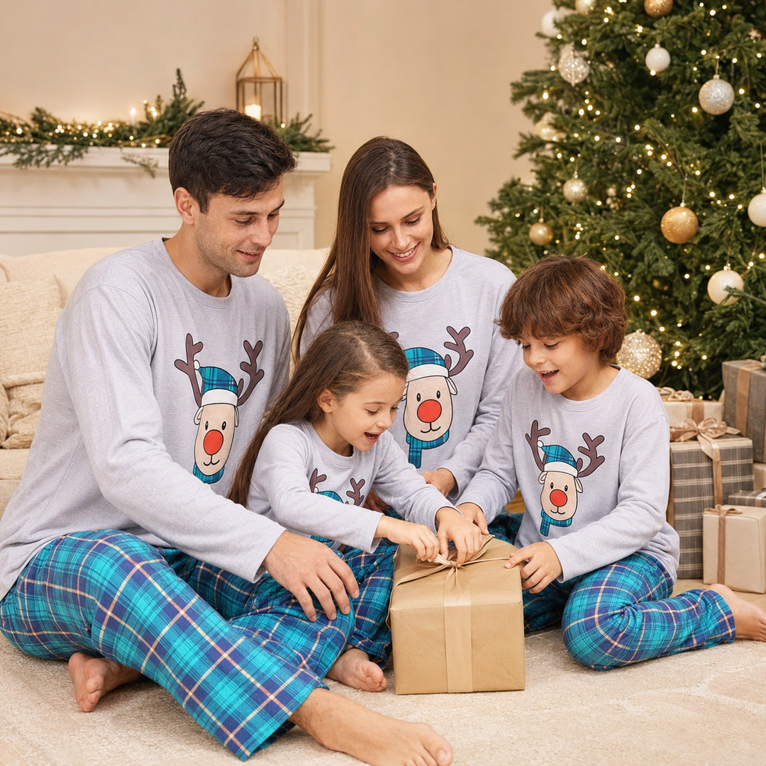 Matching Family Christmas Pajamas - Reindeer Print, Blue