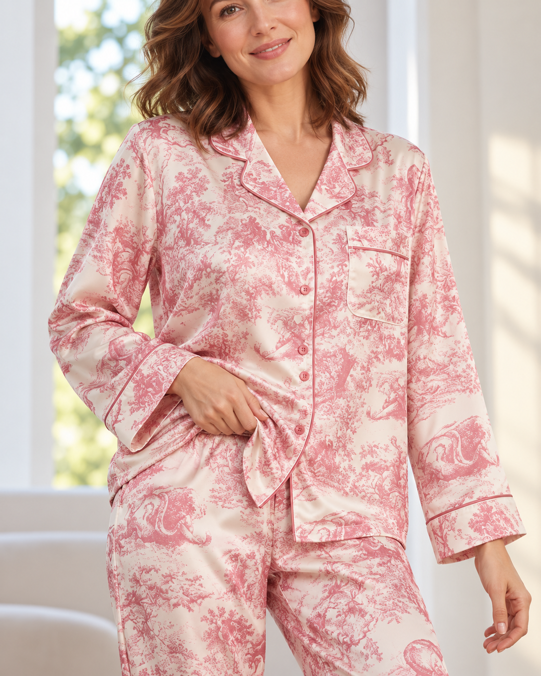 Toile Print Satin Pajama Set for Women, Long Sleeve Button-Up