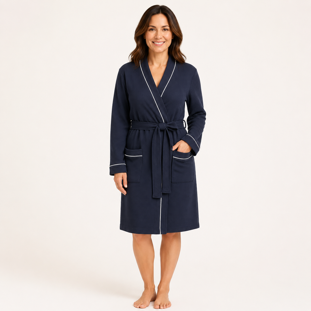 Long Waffle Bathrobe for Women, Cotton V-Neck Robe with Pockets
