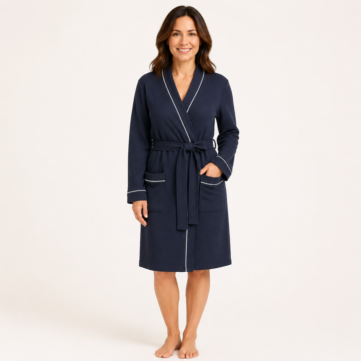 Long Waffle Bathrobe for Women, Cotton V-Neck Robe with Pockets
