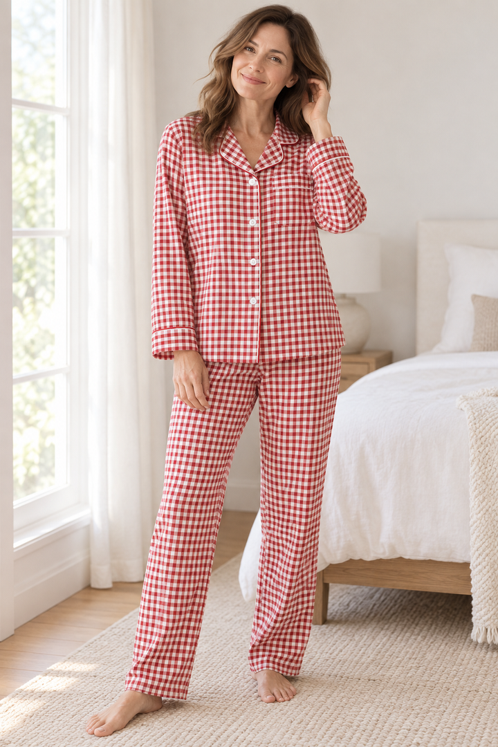 100% Cotton Double Gauze Pajama Set for Women, Plaid Long Sleeve