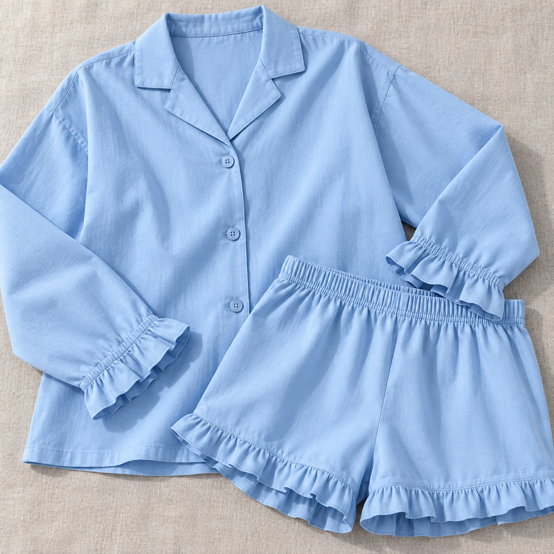 100% Cotton Ruffle Pajama Set for Women, Long Sleeve &amp; Shorts