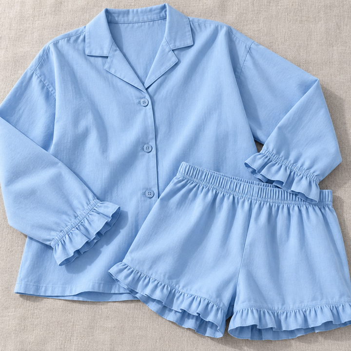 100% Cotton Ruffle Pajama Set for Women, Long Sleeve &amp; Shorts