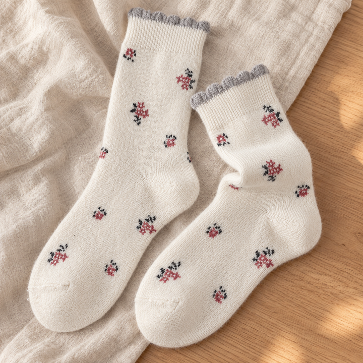 Wool Crew Socks for Women, Floral Knit with Lace Trim