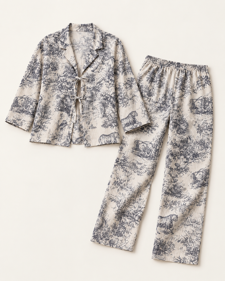 Toile Print Cotton Pajama Set for Women, Front Tie