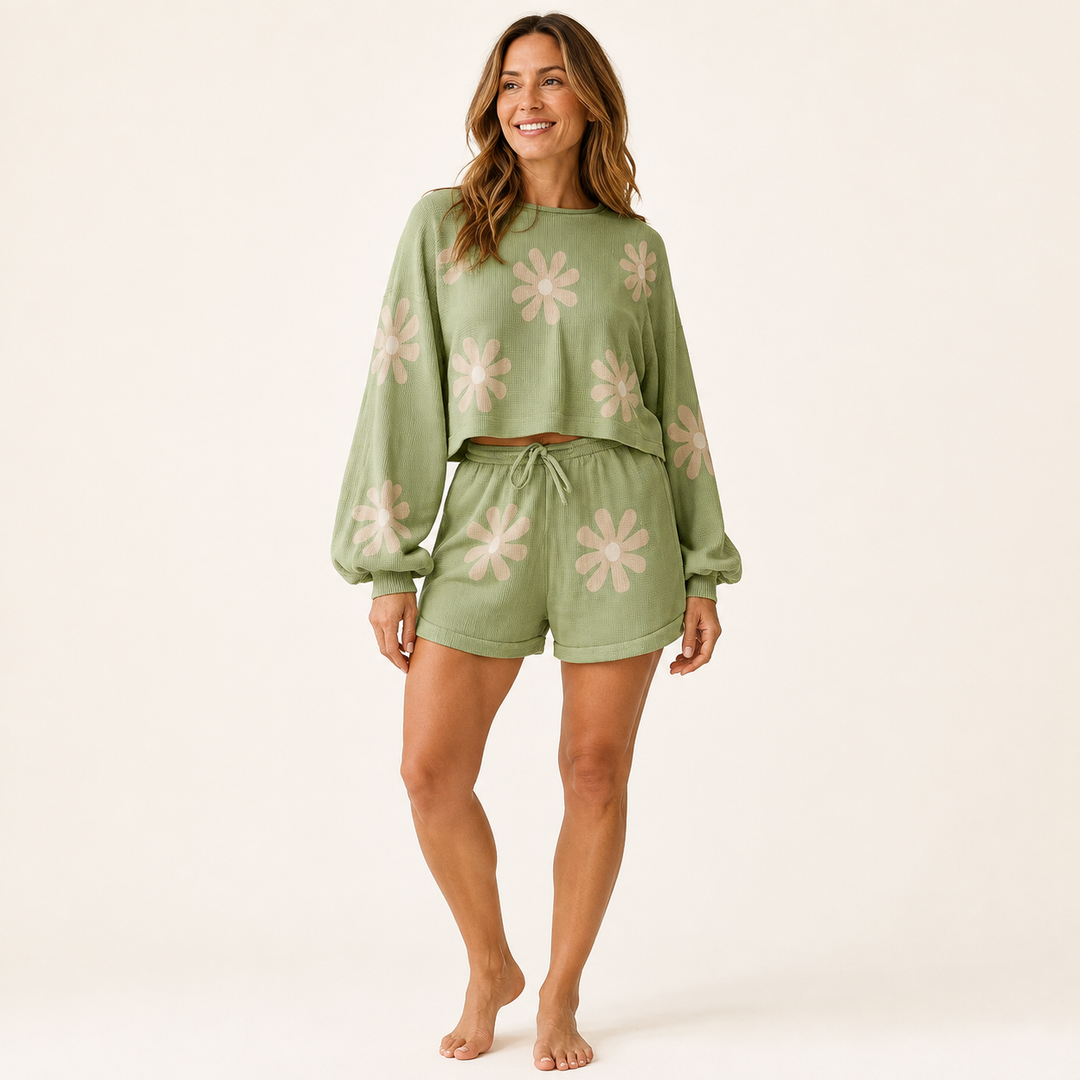 Lounge Set for Women, Long Sleeve Top and Tie Waist Shorts