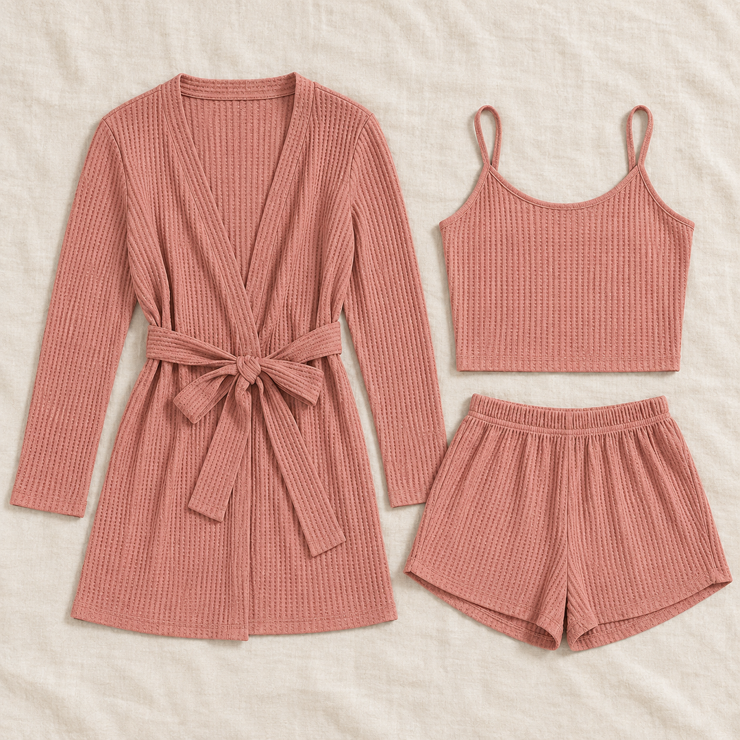 Waffle 3-Piece Lounge Set for Women, Cami, Shorts and Robe