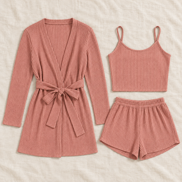 Waffle 3-Piece Lounge Set for Women, Cami, Shorts and Robe