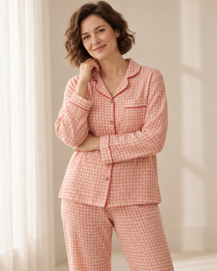 Cotton Gauze Pajama Set for Women, Long Sleeve Button-Up