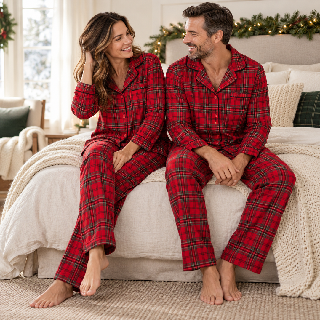 Matching Couples Christmas Pajamas, Red Plaid Cotton Set