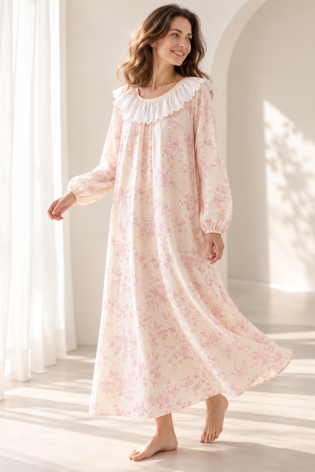 100% Cotton Embroidered Nightgown in Pink, Long Sleeve