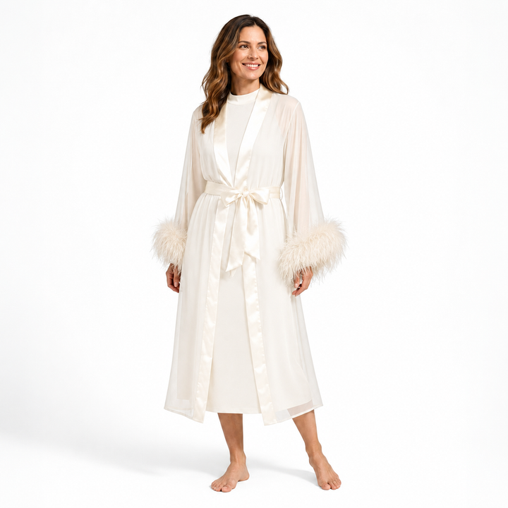 Sheer Feather Trim Robe - Long Sleeve