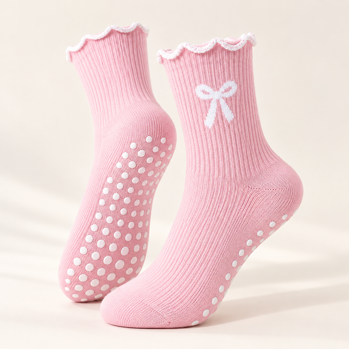 Pilates Grip Socks for Women, Non Slip Crew with Bow Detail