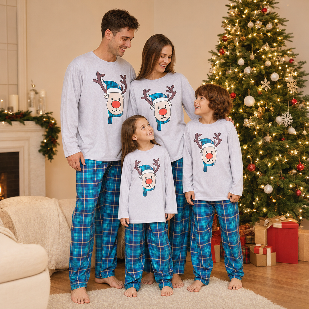 Matching Family Christmas Pajamas - Reindeer Print, Blue