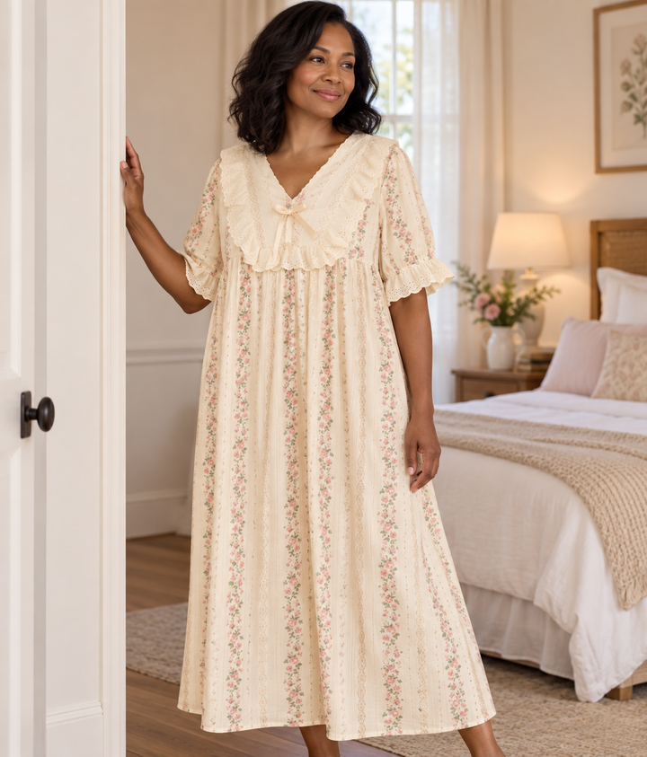 Cotton Nightgown for Women, Floral Print with Ruffle Collar