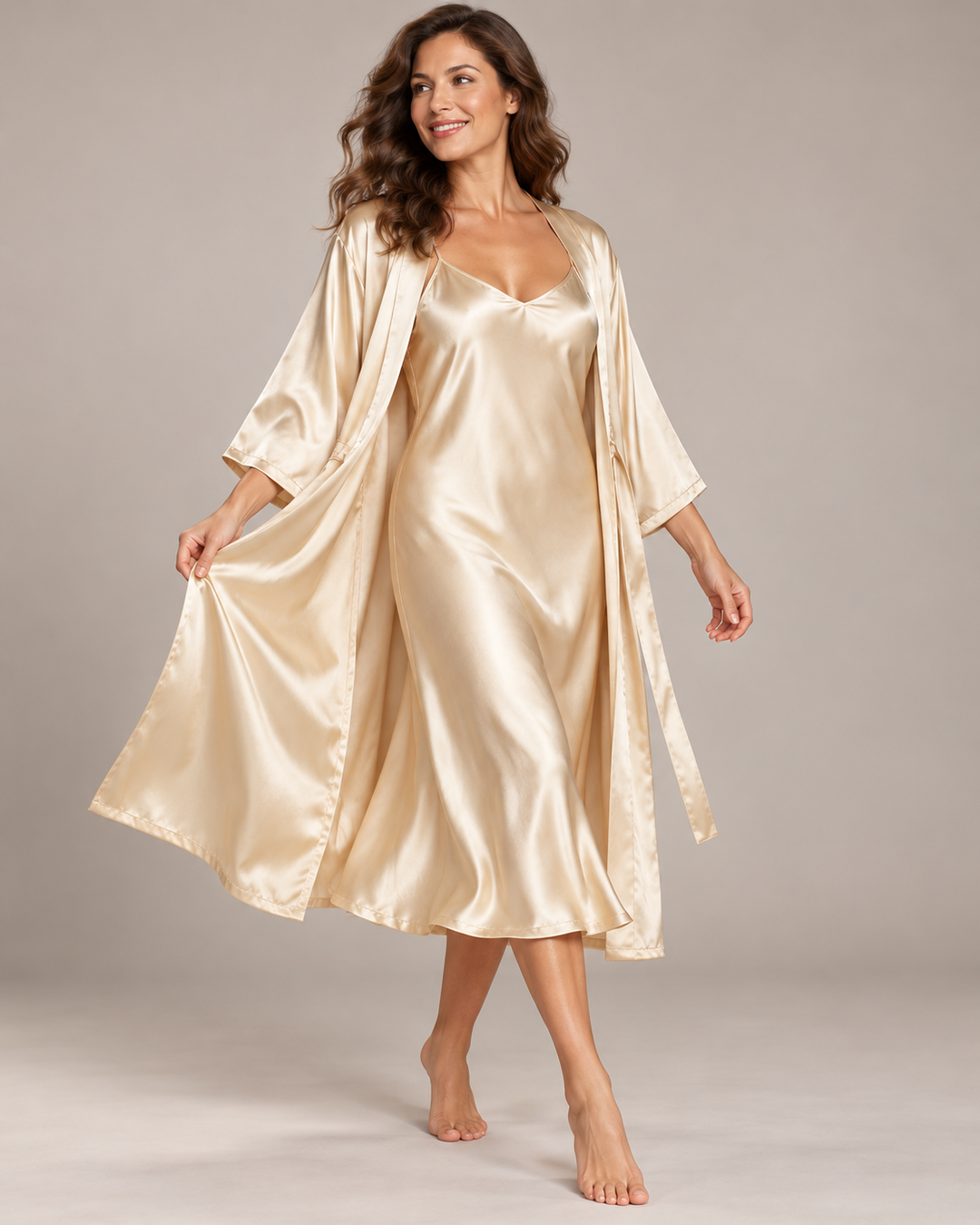 Satin Robe and Nightgown Set for Women, Long Robe with Slip