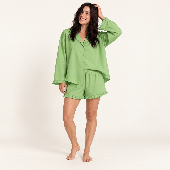 100% Cotton Ruffle Pajama Set for Women, Long Sleeve &amp; Shorts