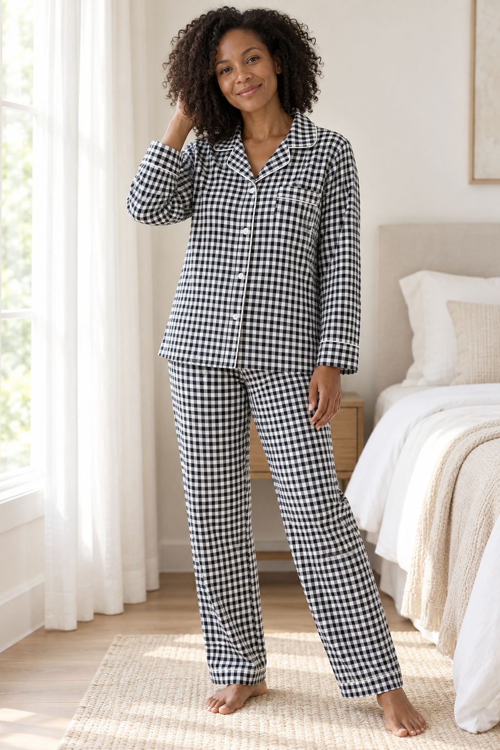 100% Cotton Double Gauze Pajama Set for Women, Plaid Long Sleeve