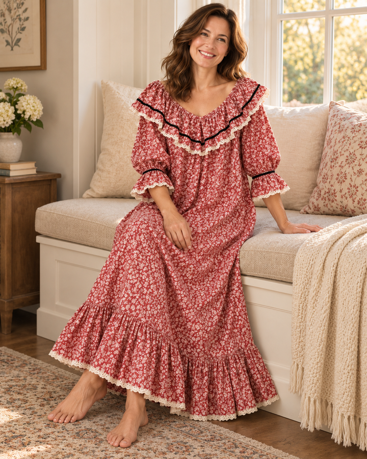 100% Cotton Nightgown for Women, Vintage Floral Ruffle Neckline