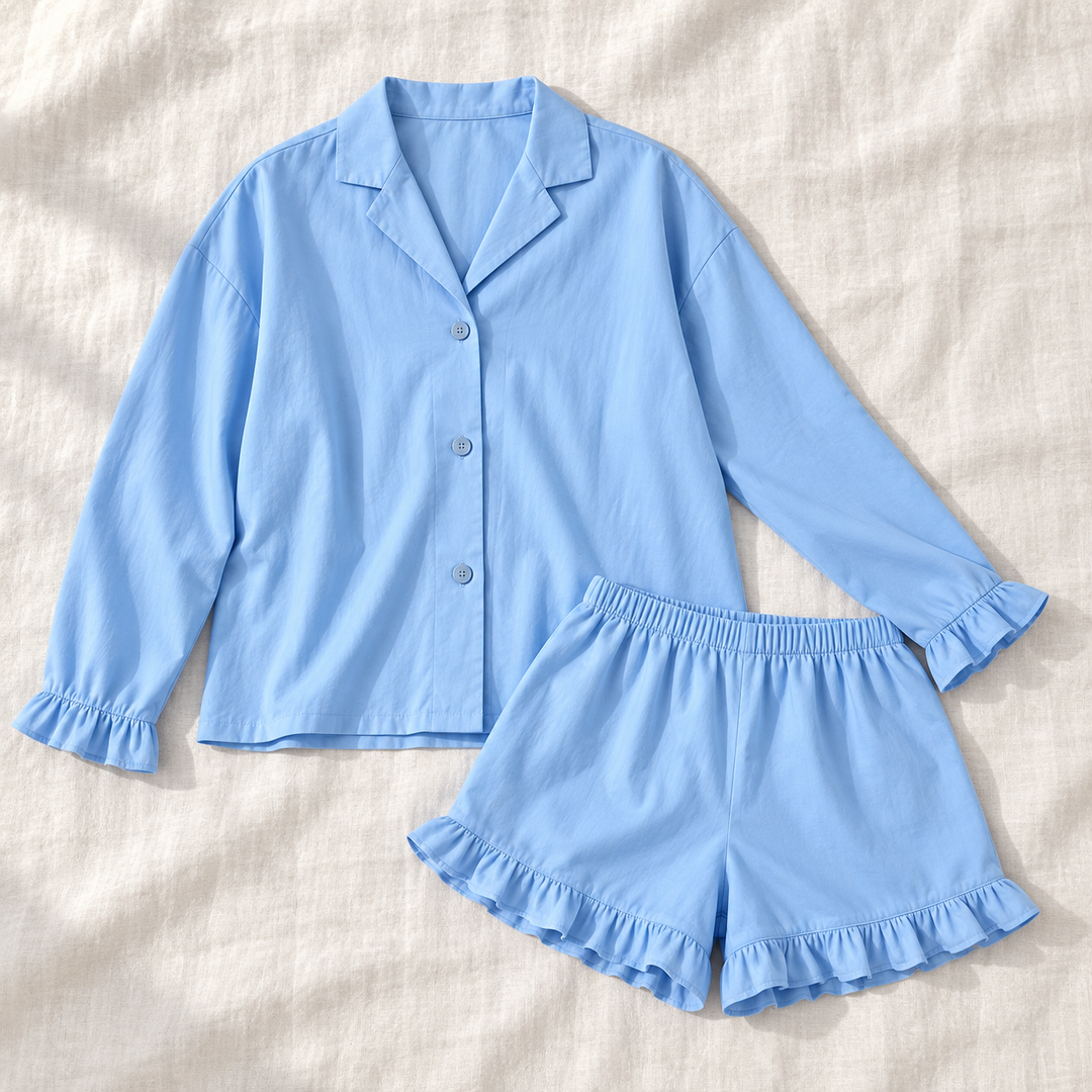100% Cotton Ruffle Pajama Set for Women, Long Sleeve &amp; Shorts