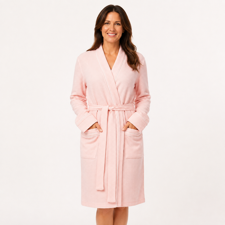 Long Waffle Bathrobe for Women, Cotton V-Neck Robe with Pockets