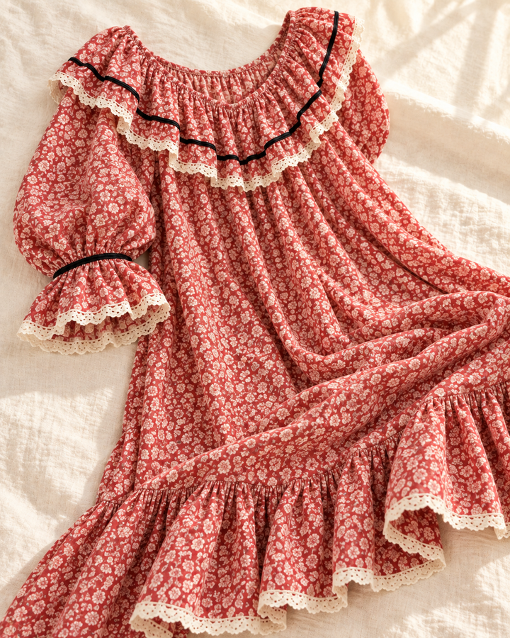 100% Cotton Nightgown for Women, Vintage Floral Ruffle Neckline