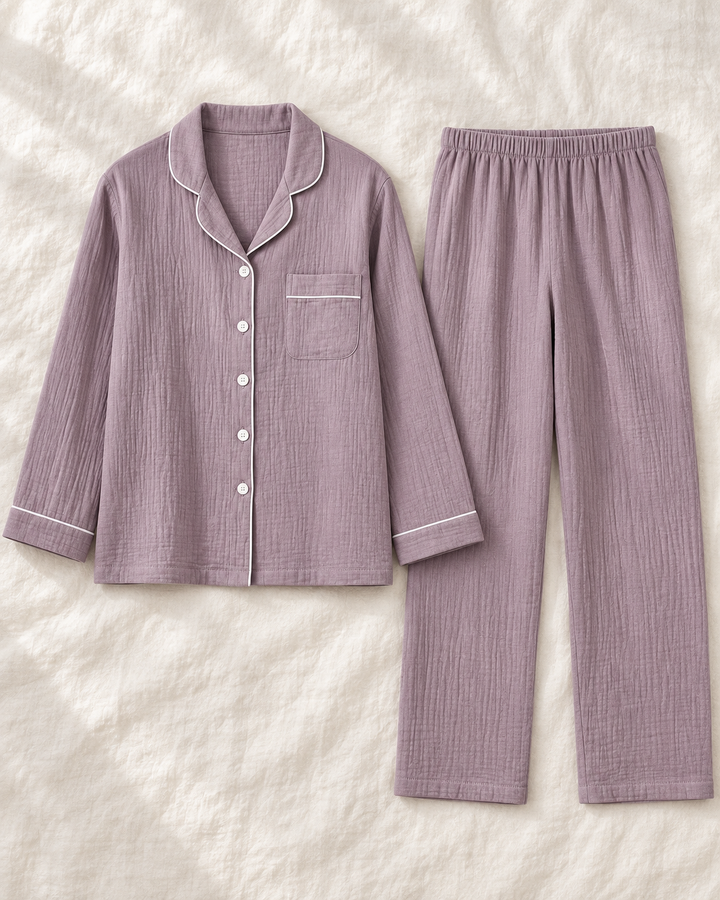 Matching Couples Pajamas, 100% Cotton Muslin Long Sleeve Button Set