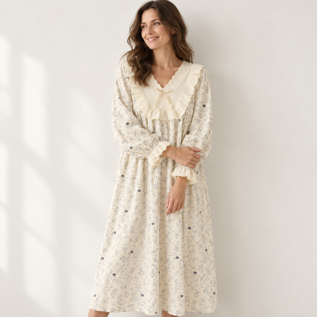 100% Cotton Nightgown for Women, Long Sleeve Floral