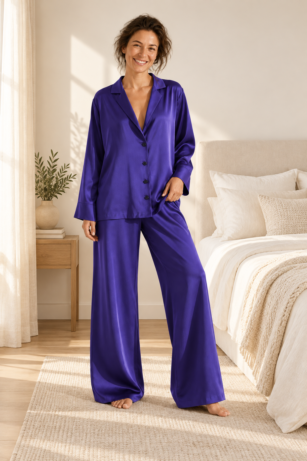 Satin Wide-Leg Pajama Set for Women, Button-Up