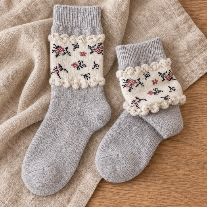 Wool Crew Socks for Women, Floral Knit with Lace Trim