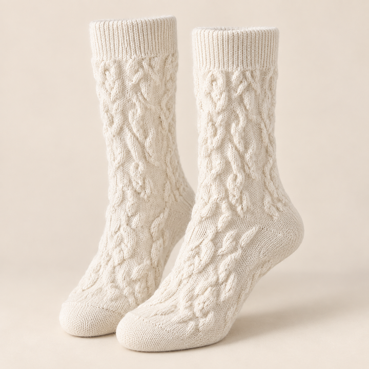 Wool Crew Socks for Women, Floral Knit with Lace Trim