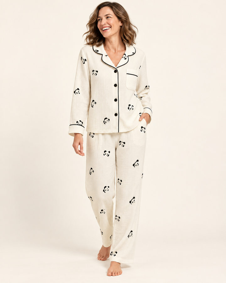 100% Cotton Muslin Pajama Set for Women, Cute Print Long Sleeve