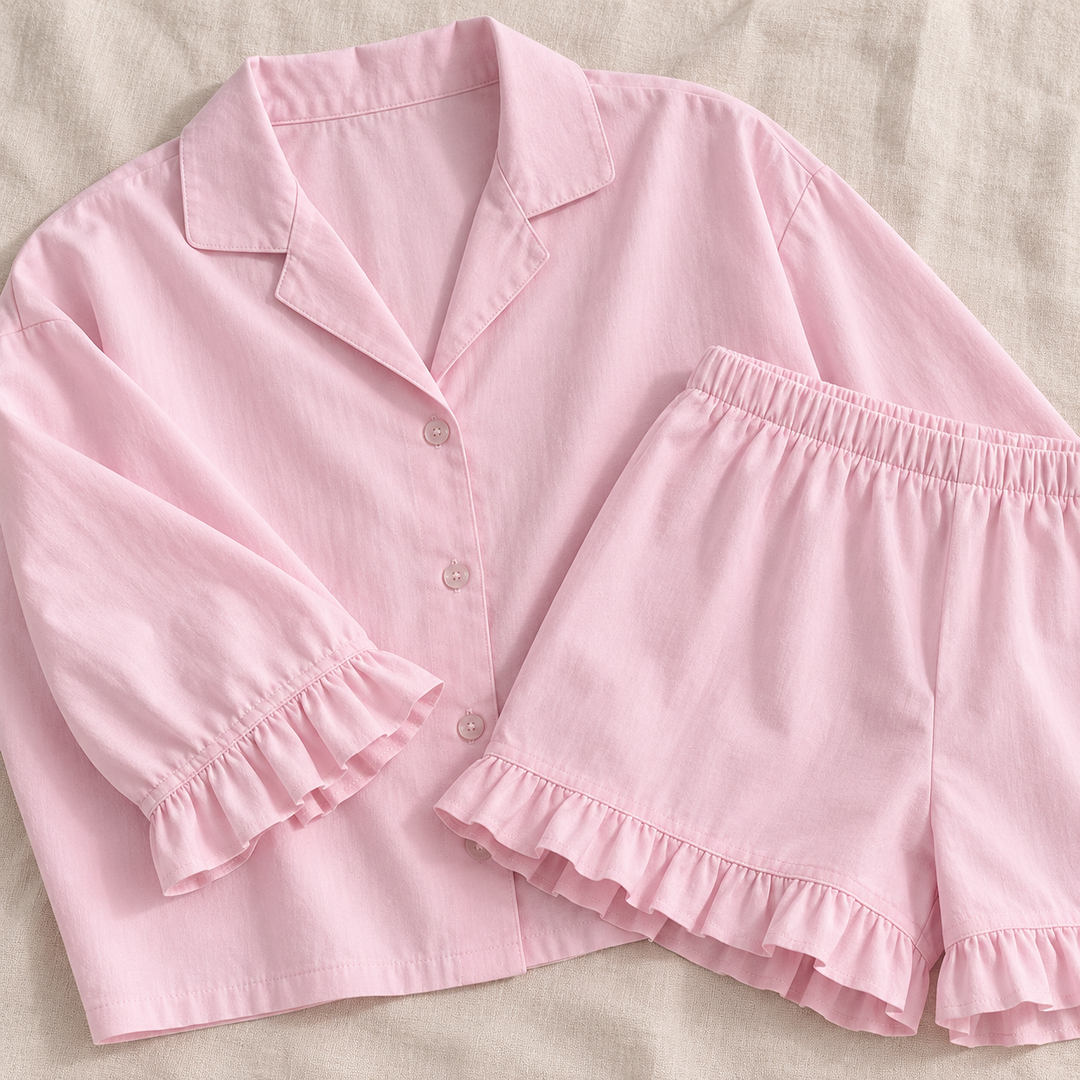 100% Cotton Ruffle Pajama Set for Women, Long Sleeve &amp; Shorts