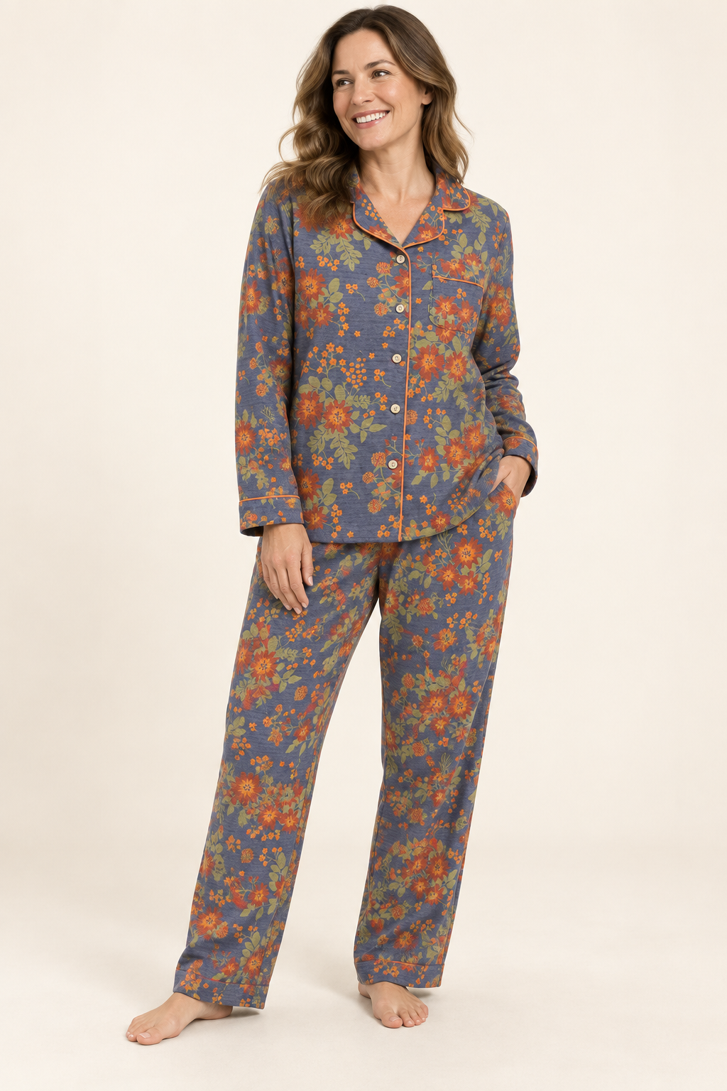 100% Cotton Floral Pajama Set for Women, Button-Down Long Sleeve