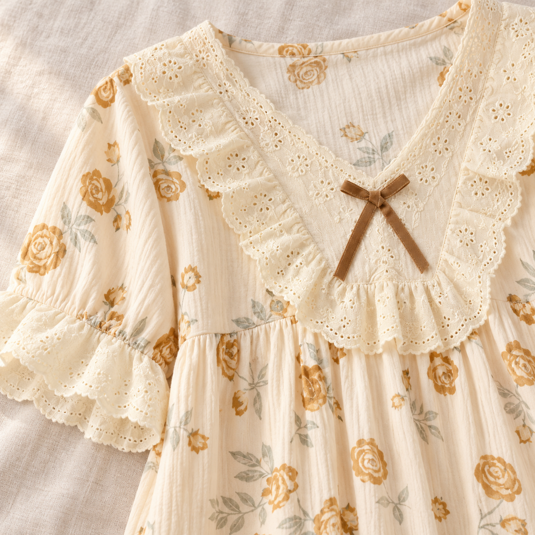 Cotton Nightgown for Women, Floral Print with Ruffle Collar
