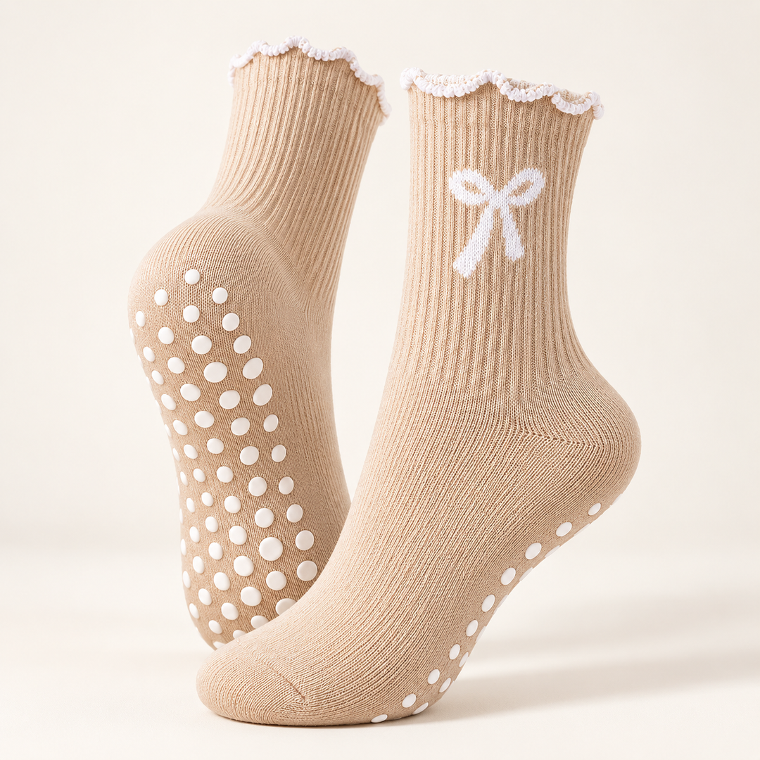 Pilates Grip Socks for Women, Non Slip Crew with Bow Detail