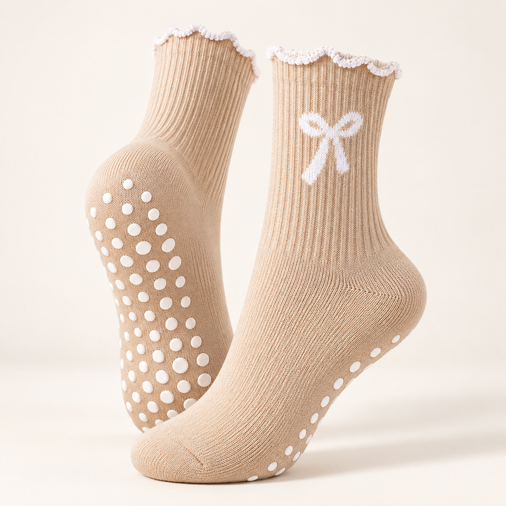 Pilates Grip Socks for Women, Non Slip Crew with Bow Detail