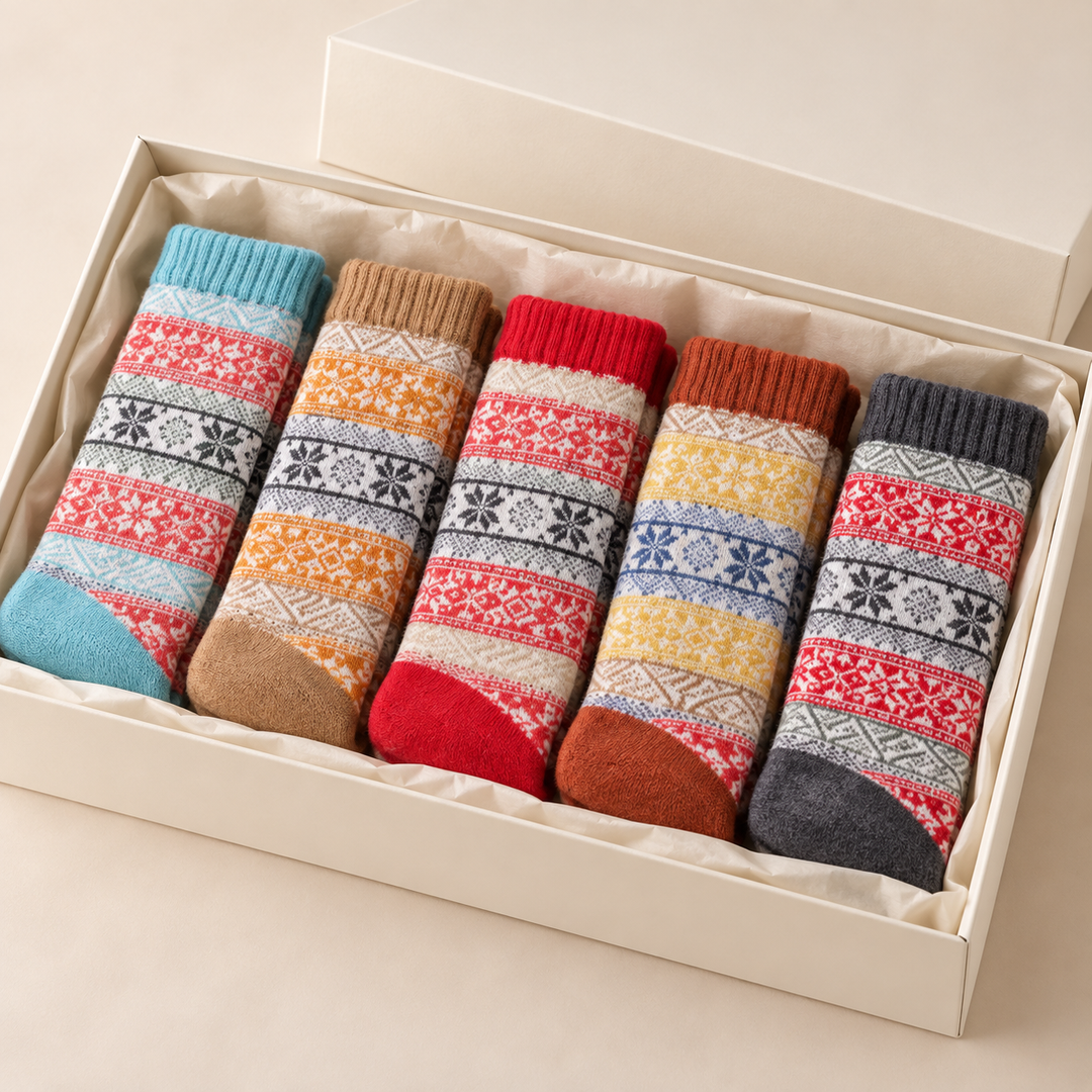 Wool Blend Crew Socks for Women, Vintage Nordic Knit Gift Set